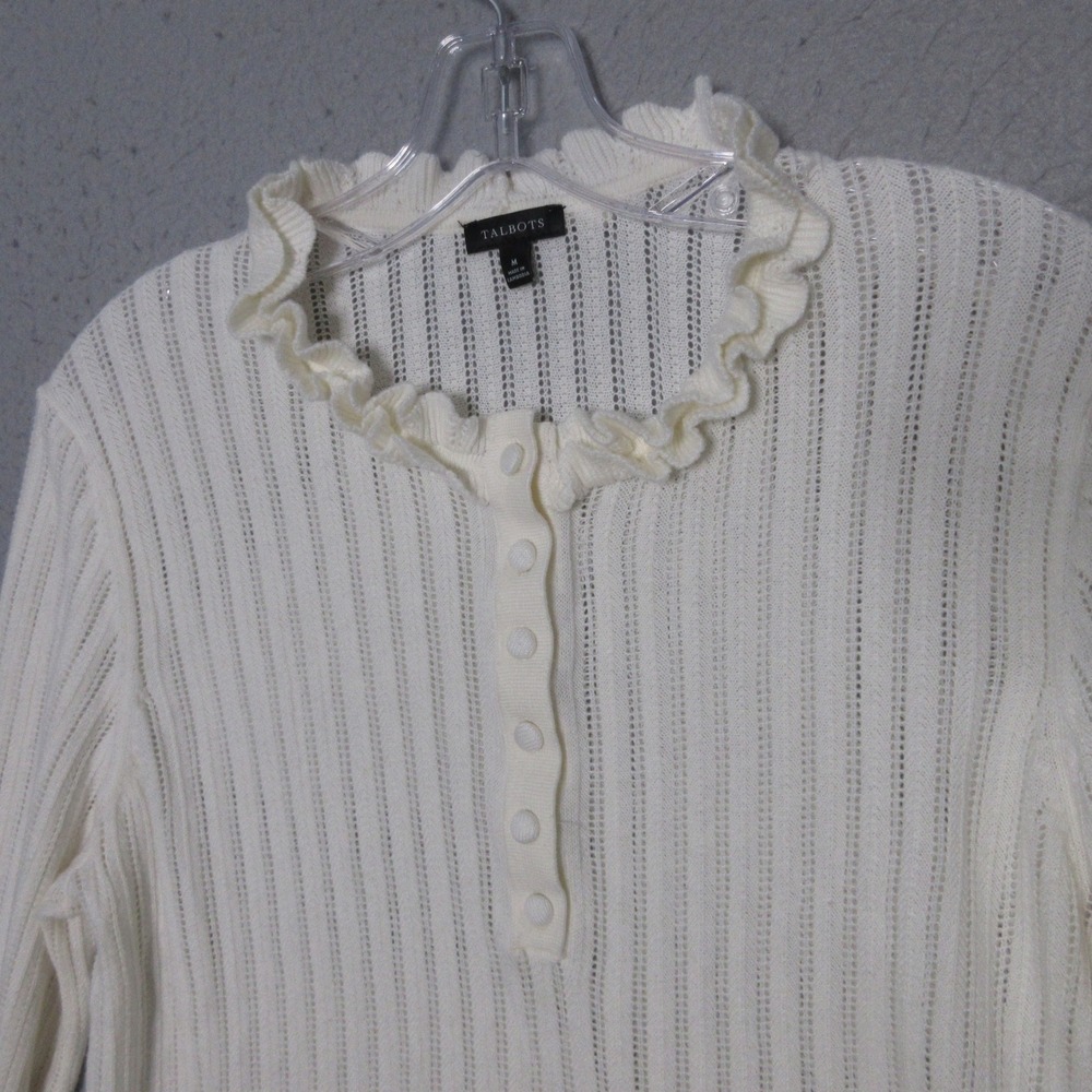 Talbots Sweater Medium Pointelle Ruffle Neck Henley Feminine Coquette Cottage